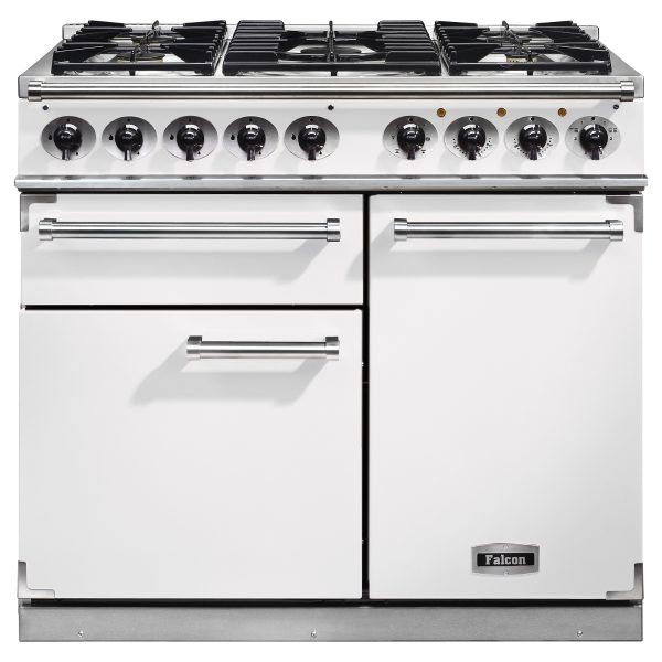 Falcon F1000DXDFWH/N 1000 Deluxe Dual Fuel Range Cooker in White and Nickel