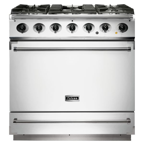 Falcon F900SDFWH/N 90cm Single Cavity Dual Fuel Range Cooker in White with Nickel