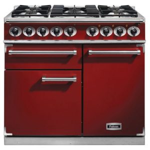 Falcon F1000DXDFRD/N 1000 Deluxe Dual Fuel Range Cooker in Cherry Red and Nickel