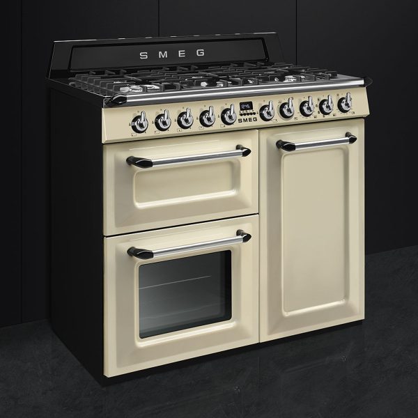 Smeg TR103P New Victoria Aesthetic 100cm Traditional Dual fuel 3 cavity Cooker with Gas hob, Cream left side